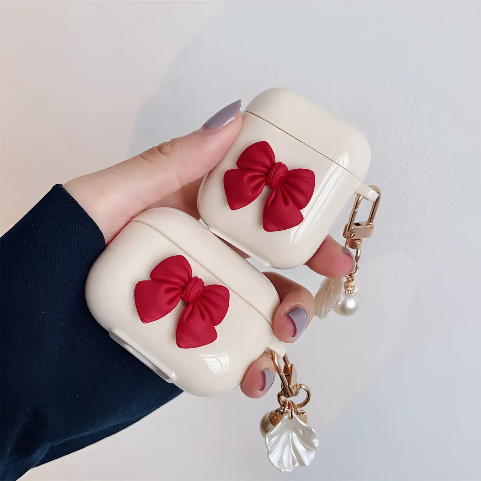 Beige red bow shell TPU clamshell case cover for AirPods and AirPods Pro