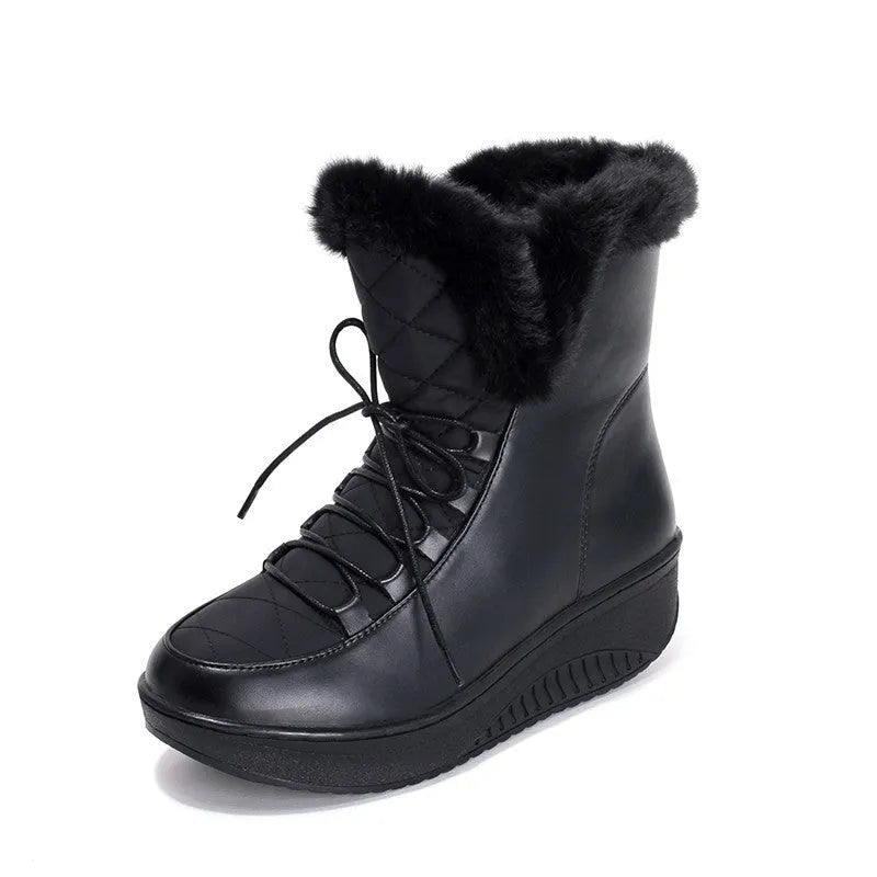 Women's black winter platform boots with 3cm heel and lace-up closure