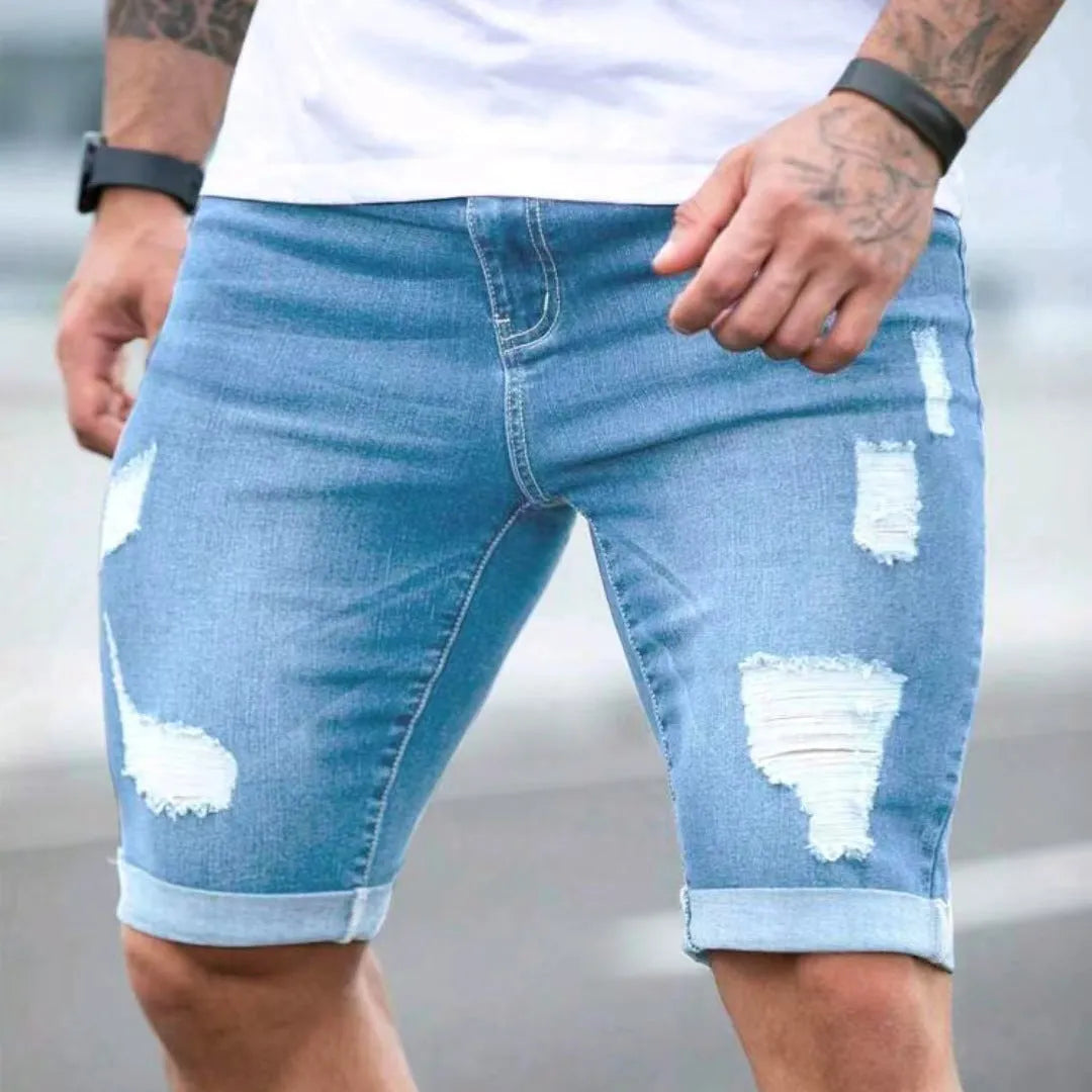 Men's sky blue denim shorts with distressed holes and straight leg cut