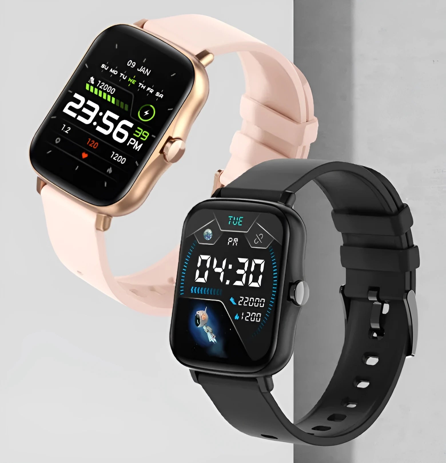 Black smart watch with 1.7-inch colour touchscreen on an adjustable strap, showing a fitness tracking interface.