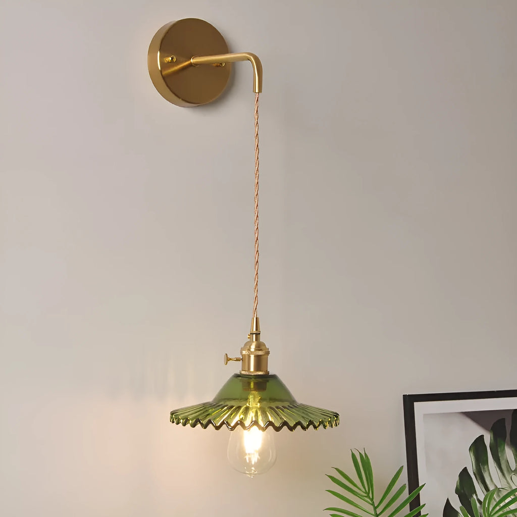 Copper retro brass lotus wall lamp with glass shade in one of six colours, 22cm diameter.