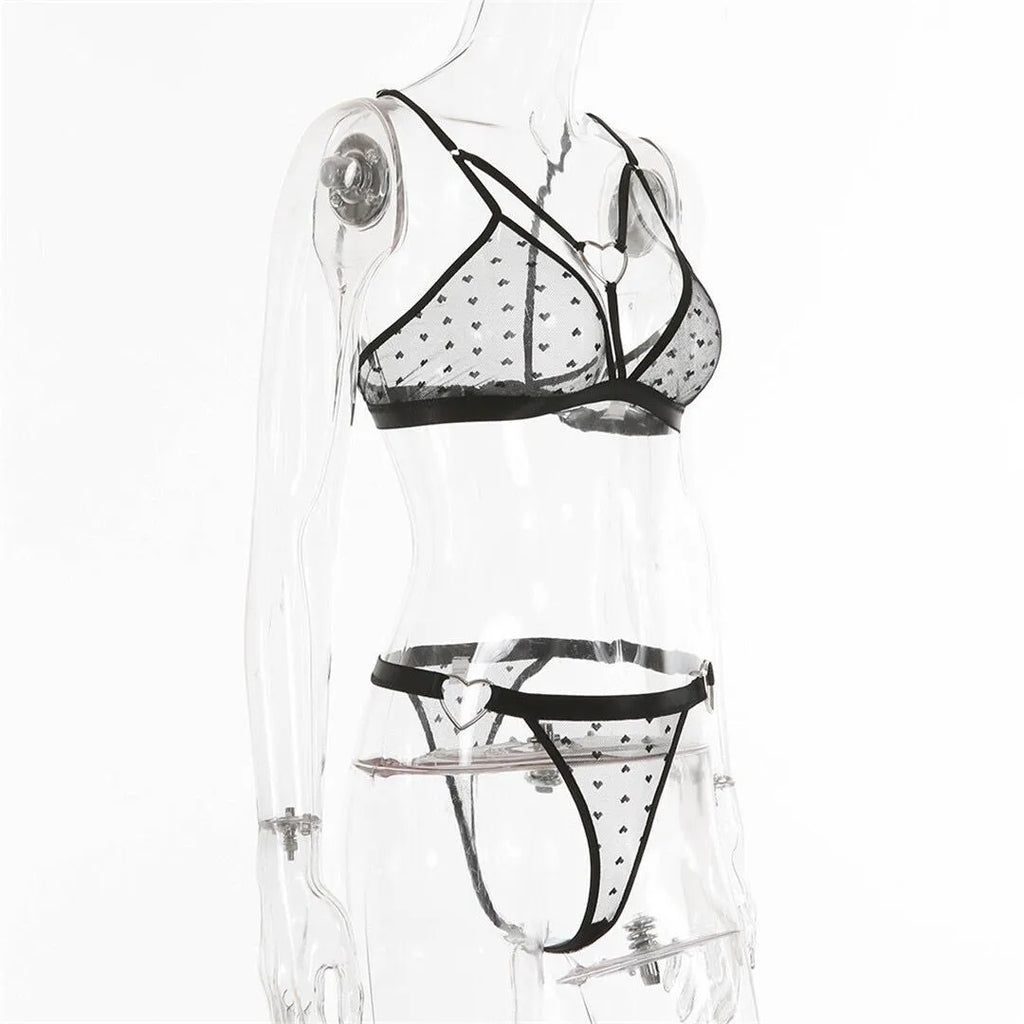 Women's black mesh two-piece set with separate top and pants in stretch spandex fabric