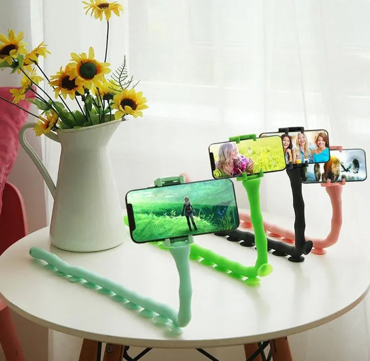 Lazy Bracket flexible mobile phone holder with suction cup mount extended to 62cm length showing 360° rotation mechanism