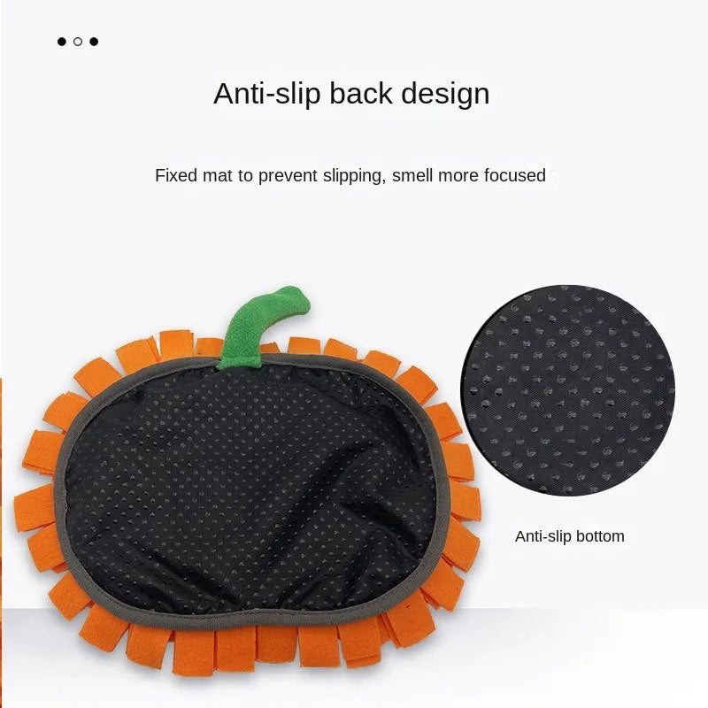 Orange pumpkin-shaped dog sniffing mat with removable pieces for slow feeding training