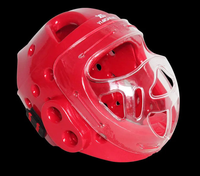Karate boxing helmet for head protection available in blue, red and white colours with size options