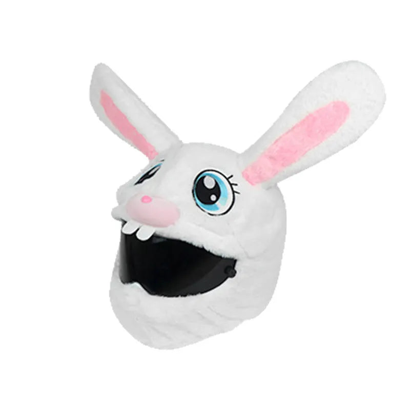 White decorative rabbit head helmet cover for electric motorcycles with plush lining.
