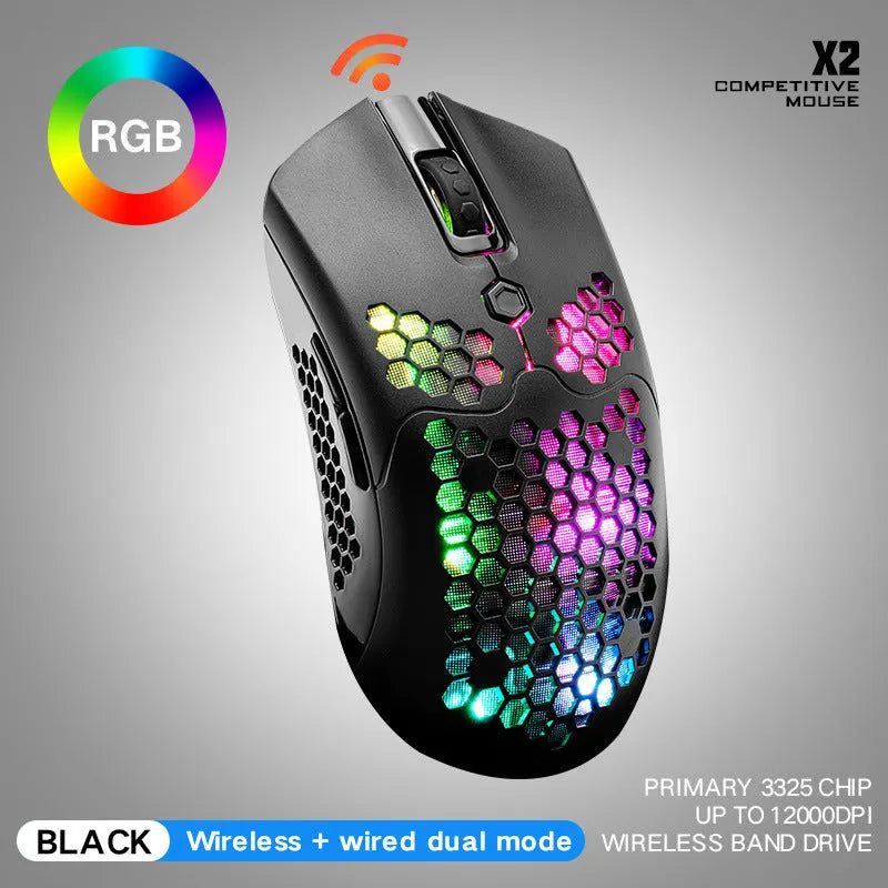 Free Wolf X2 wireless gaming mouse with RGB lighting in five colour choices on a desk