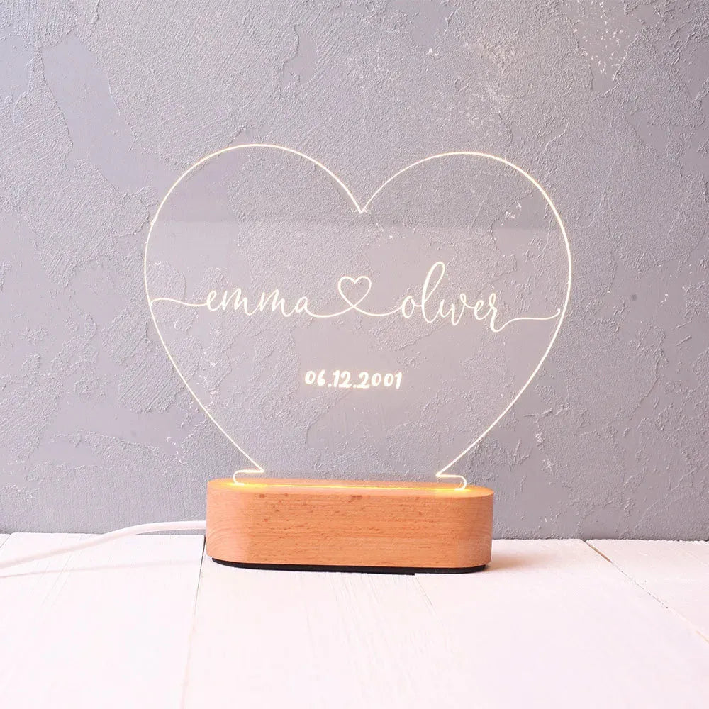 Custom names and date night light with 20cm acrylic plate and LED base