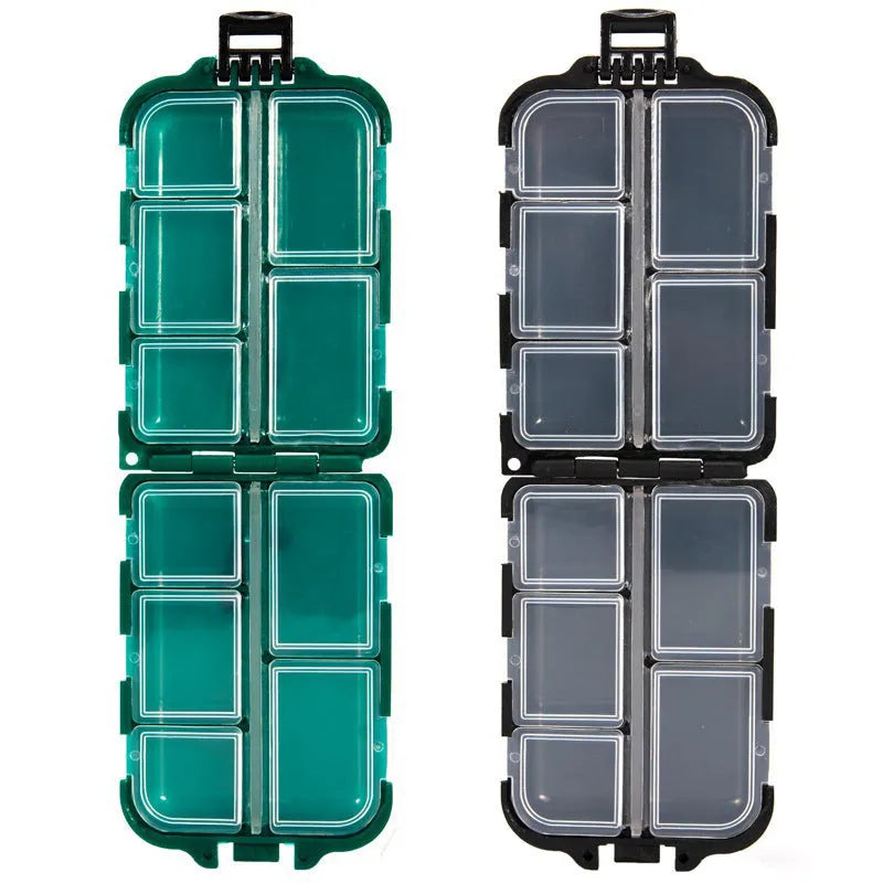 Plastic fishing tackle storage box with 10 compartments in black colour