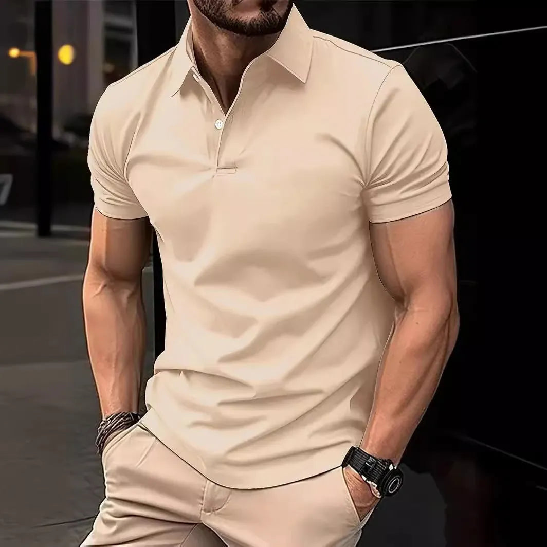 Men's solid colour slim fit short sleeve shirt with button front on a neutral background.