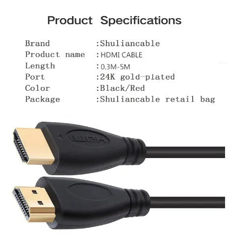 Gold plated HDMI cable with male connectors at both ends in multiple length options