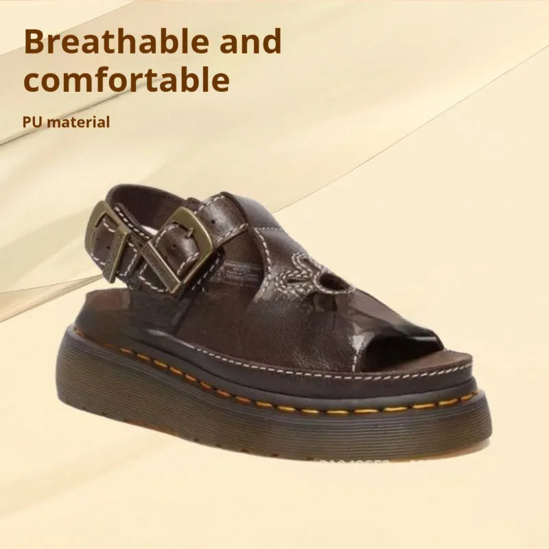 Men's embroidered floral pattern beach sandals in black or brown colours with PU leather construction