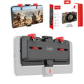 Black phone game controller bracket with an adjustable trigger and telescopic phone clip for mobile gaming.
