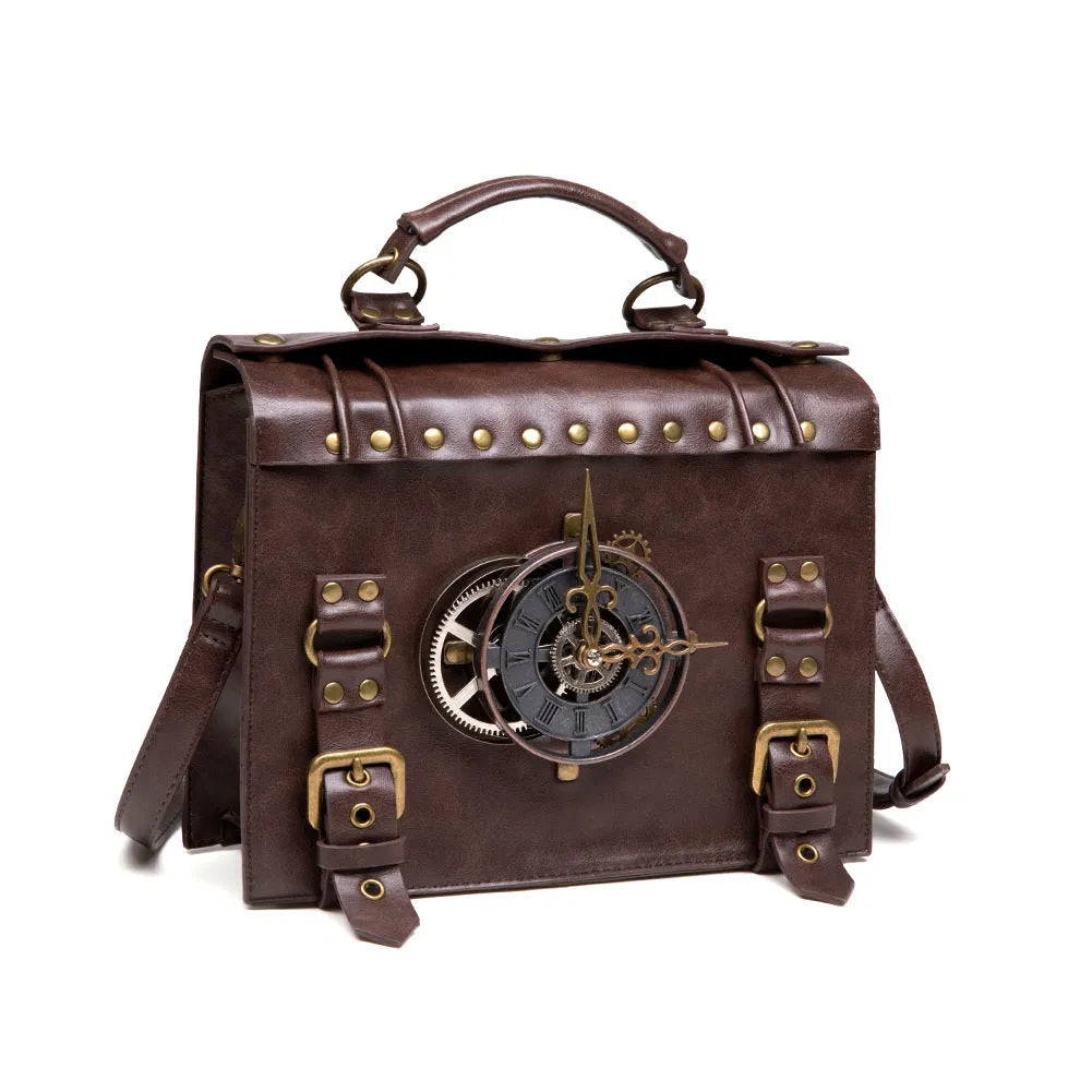 Bronze steampunk industrial retro shoulder bag with metal hardware and square pillow shape.