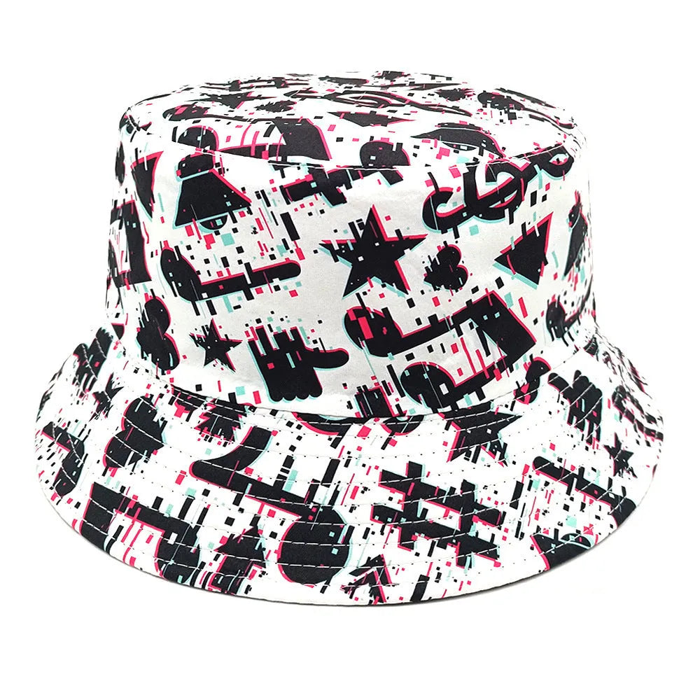 Musical note patterned polyester bucket hat with dome crown in size M fitting 56-58cm