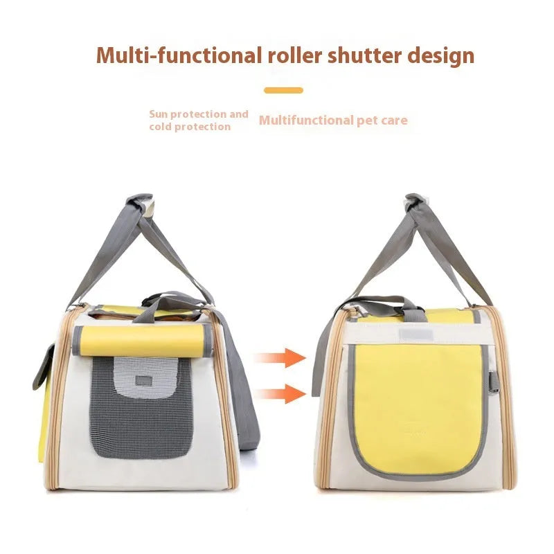 Foldable single shoulder pet carrier bag in black, green, or yellow canvas with large capacity interior