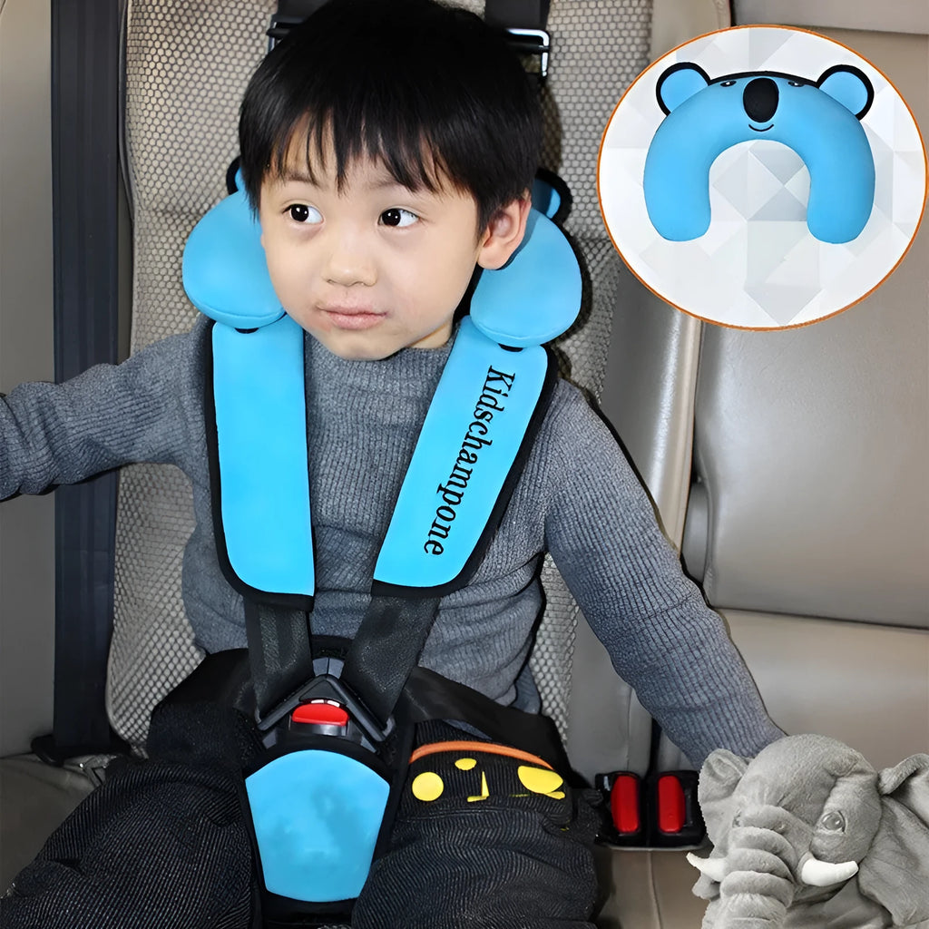 Portable child safety seat belt retainer in rose pink, red, or blue for 12-36kg children measuring 33x22x9.5cm
