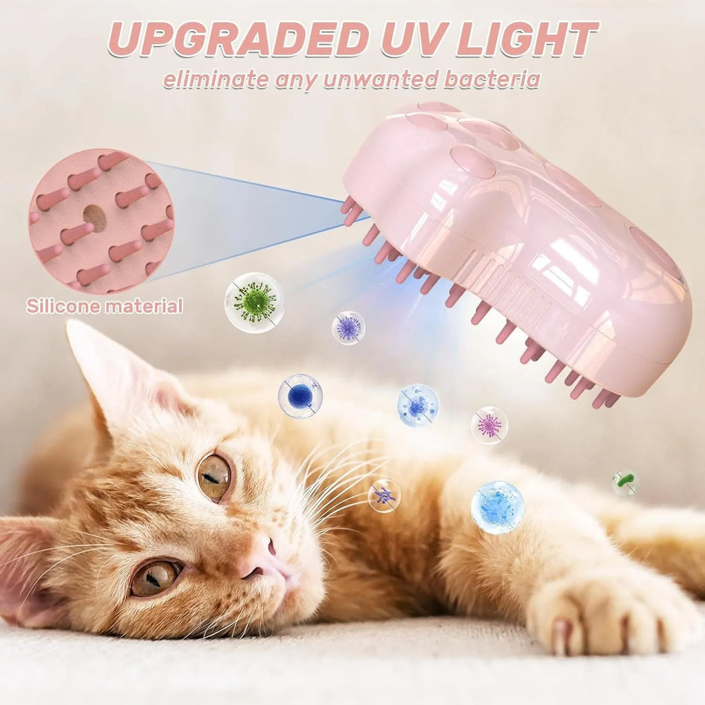 Self-cleaning cat steam brush with blue light, water spray tank, and silicone bristles