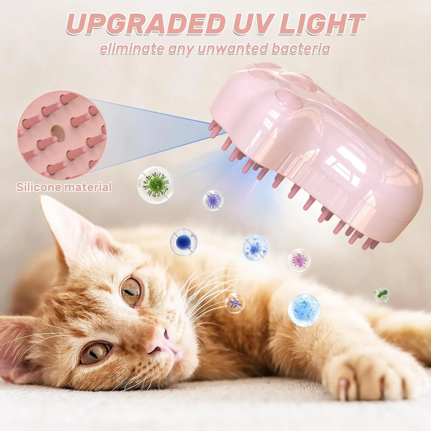 Self-cleaning cat steam brush with blue light, water spray tank, and silicone bristles