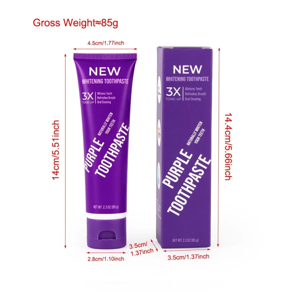 Purple whitening toothpaste tube for adults in 120g and 65g sizes for yellow stain removal
