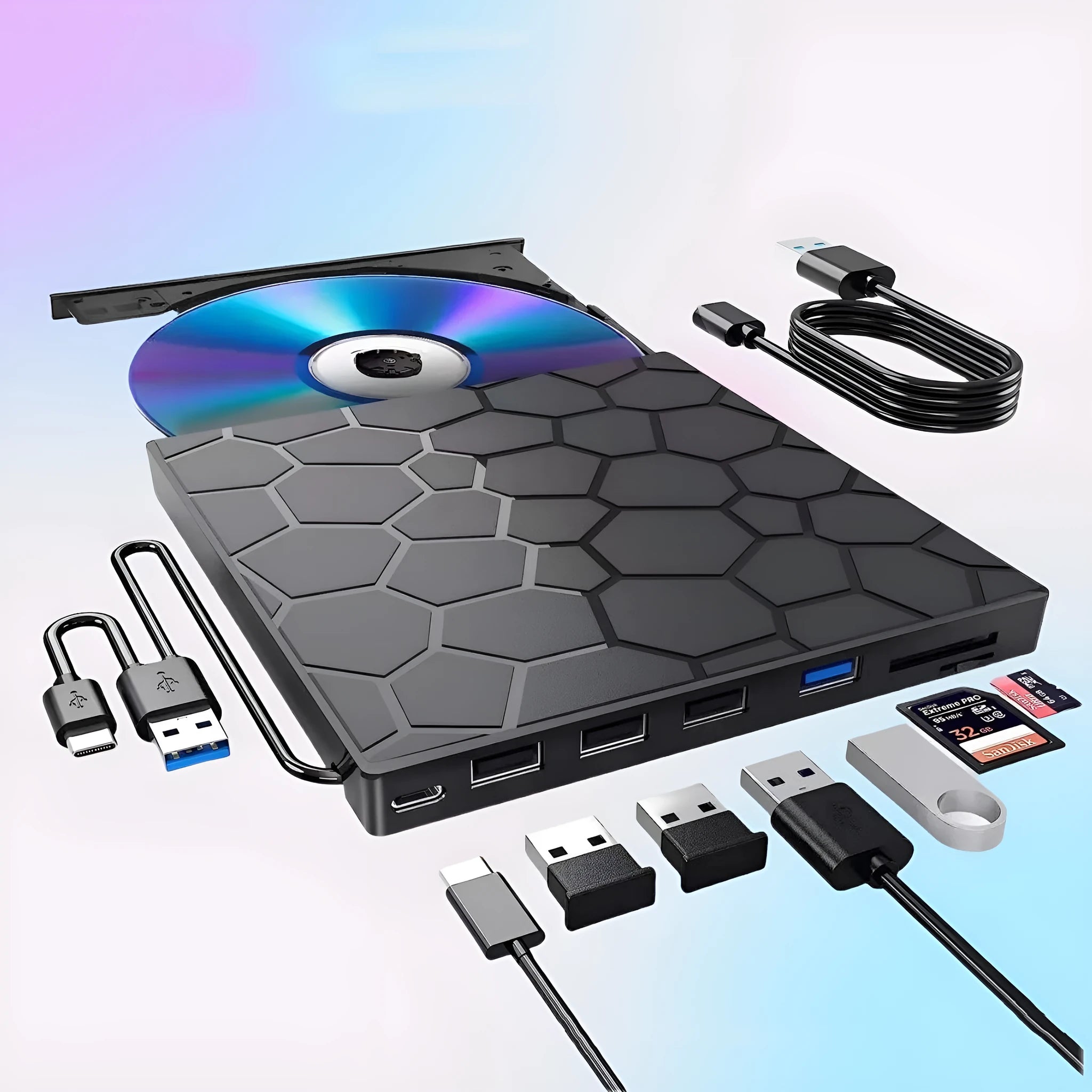 Black external USB CD drive with compact rectangular design