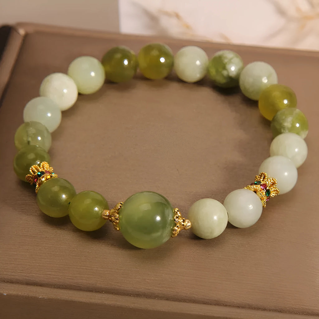 Women's genuine jade bracelet in Xiuyan jade green colour, mori-inspired original design.