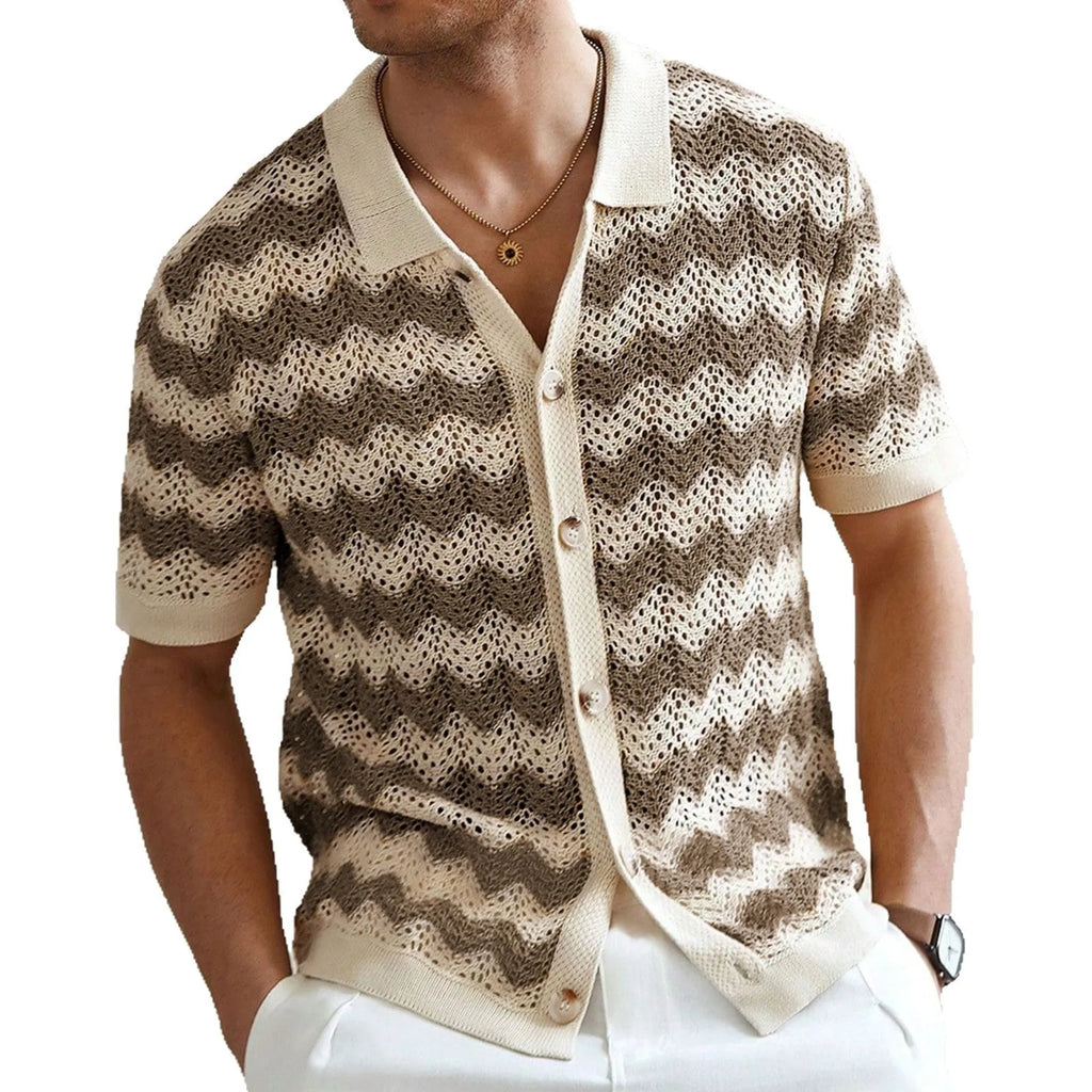 Short sleeve hollow jacquard corrugated sweater in Tencel viscose fabric showing textured surface and flocked detailing