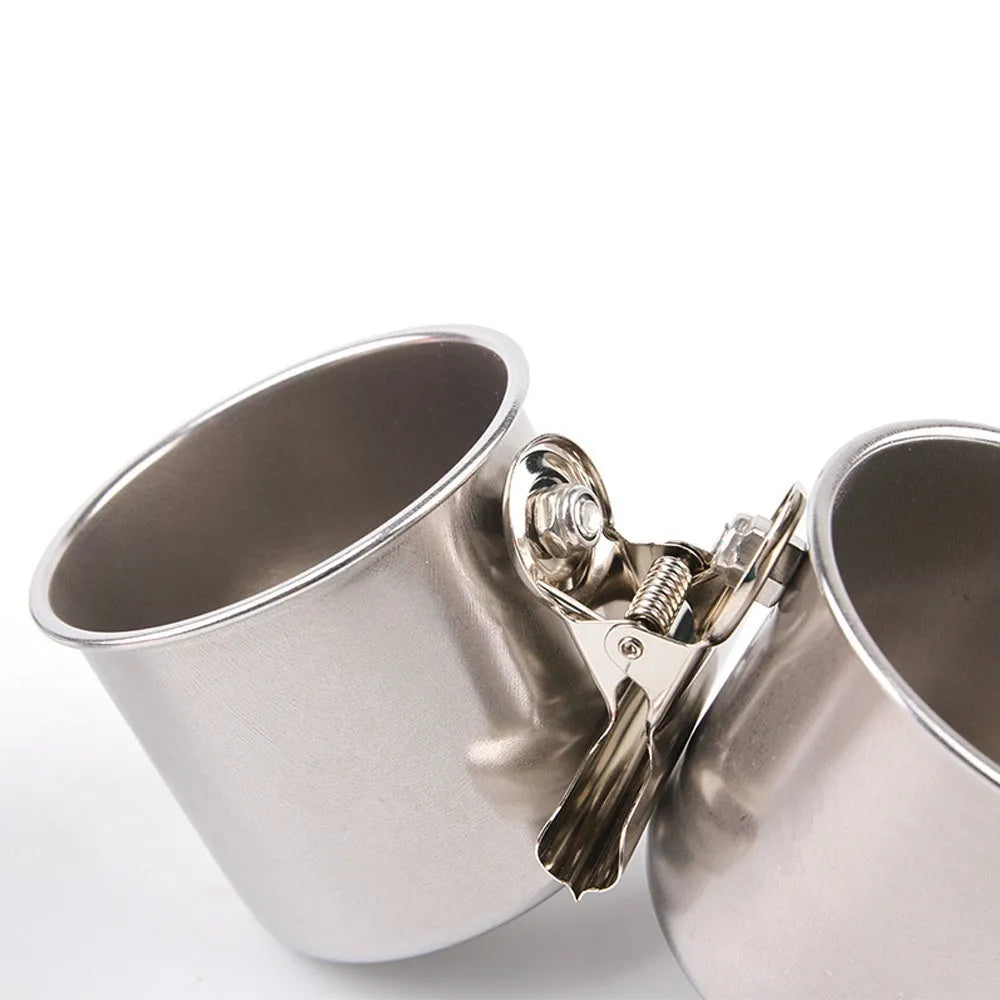 Stainless steel outdoor bird feeder for cage mounting in large, medium, and small sizes.