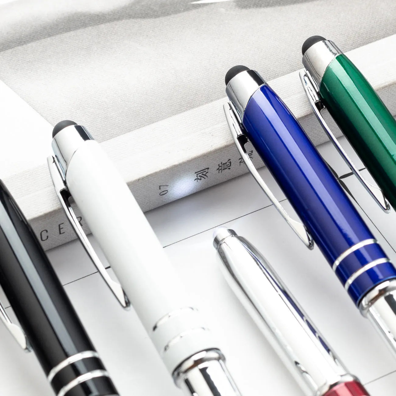 Metal capacitive stylus ballpoint pen with LED light in multiple colour options