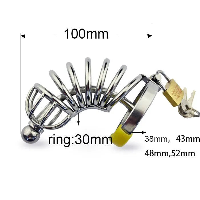 Stainless steel male chastity device with catheter and lock, four ring sizes
