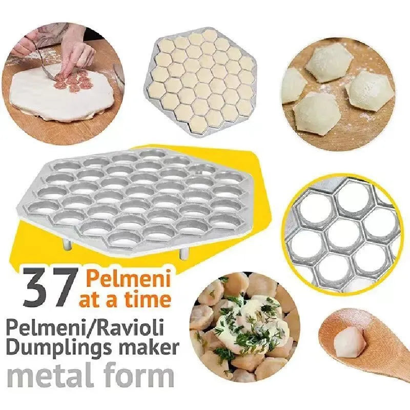 Aluminum alloy 37 hole dumpling mold for pressing multiple dumplings simultaneously on a kitchen counter