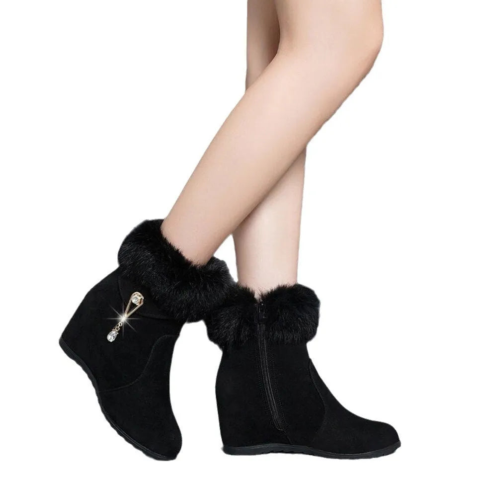 Black height increasing insole snow boots for women with fur integration upper and casual design