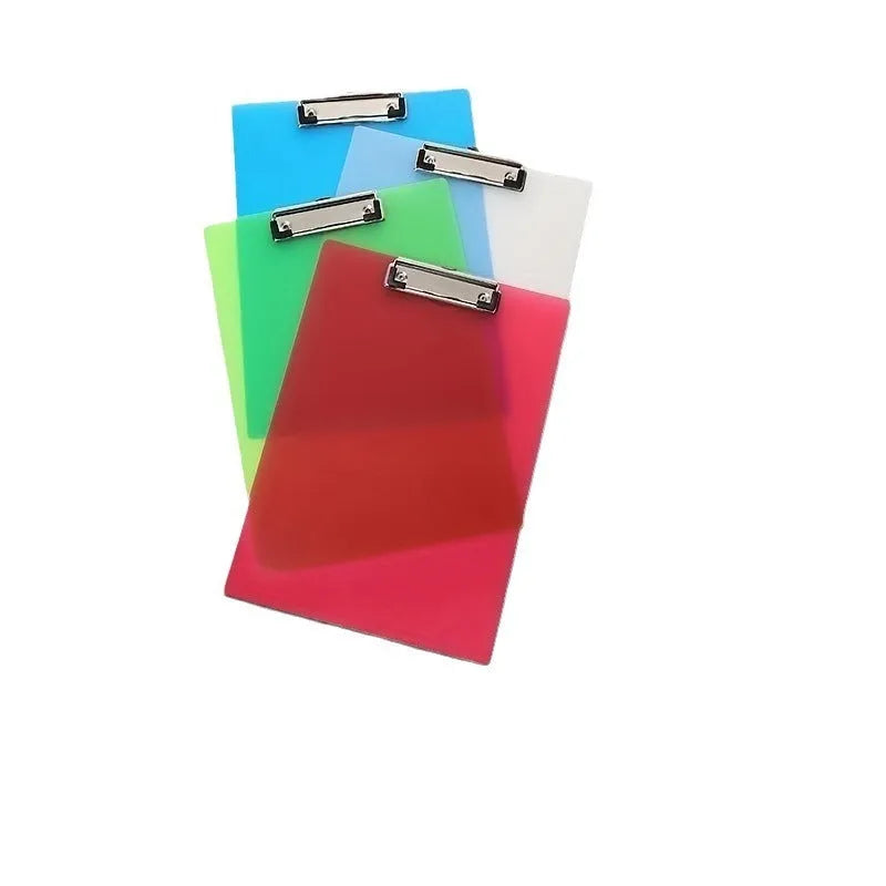 Transparent A4 writing board pad with metal clip holding documents, available in blue, green, red, and white colours