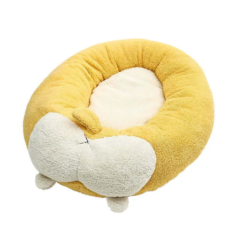 Corgi-shaped soft plush pet bed for dogs and cats, filled with PP cotton, shown in grey.