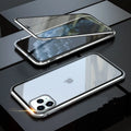 Geometric patterned glass clamshell privacy case for iPhone on a table.