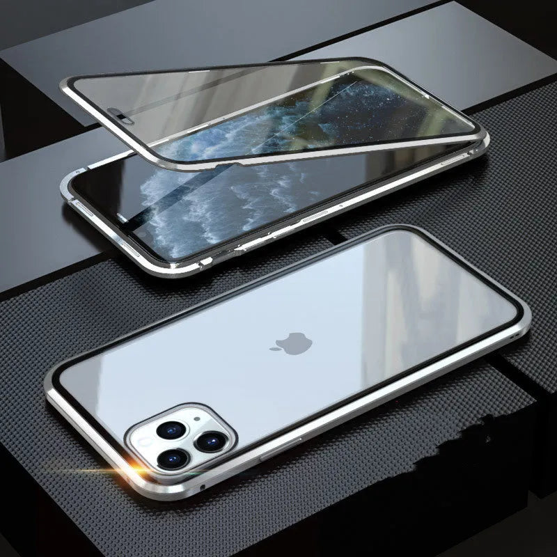 Geometric patterned glass clamshell privacy case for iPhone on a table.