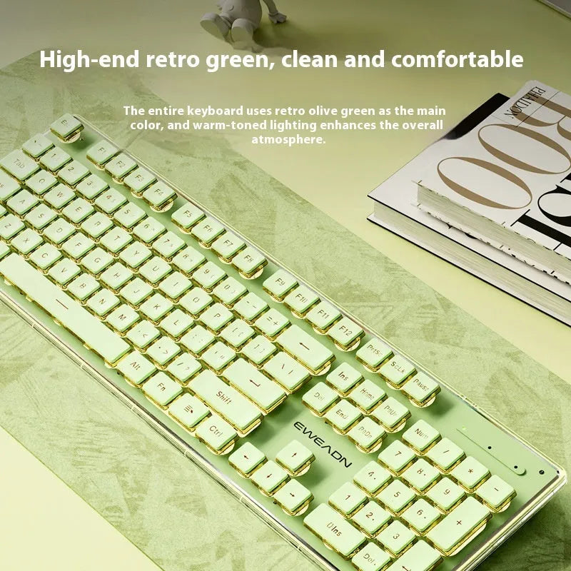 Prewalker V3 silent mechanical feel keyboard and mouse set in retro green colour on a desk.