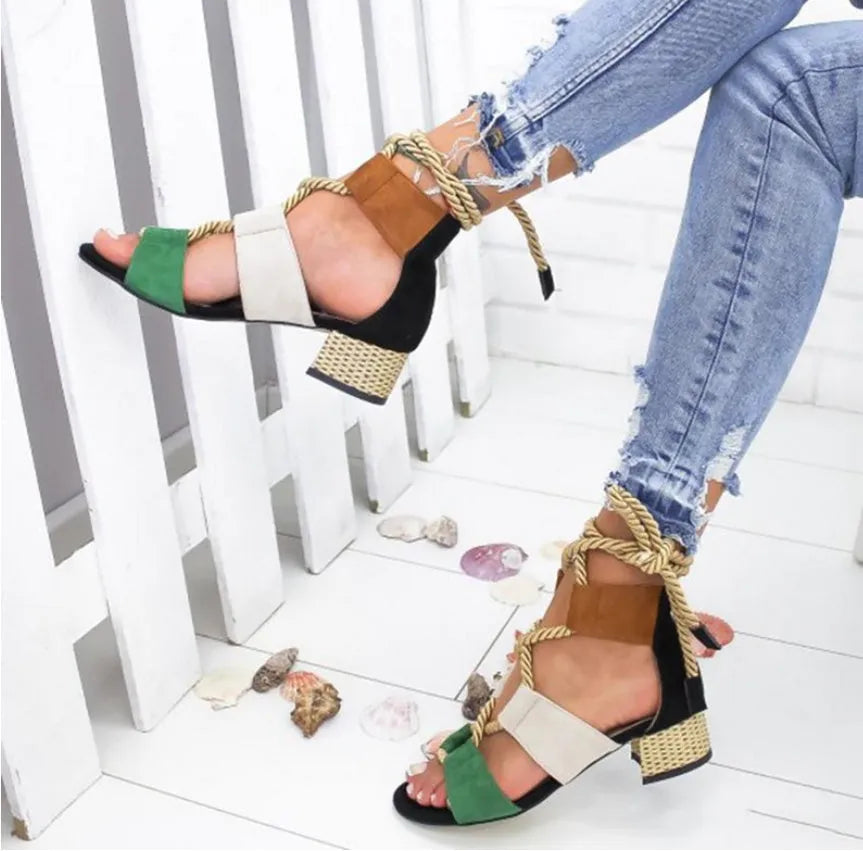 Women's thick-heel suede sandals with front strap design in multiple colours