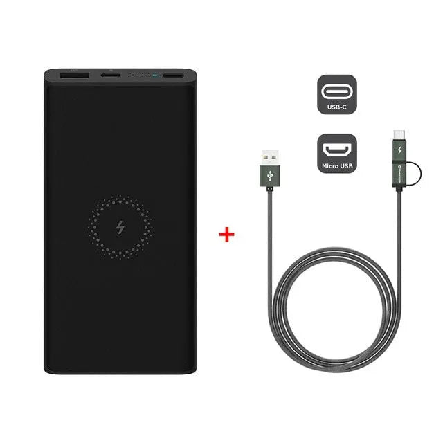 Black and white large capacity 10000mAh power bank with USB-C and wireless charging
