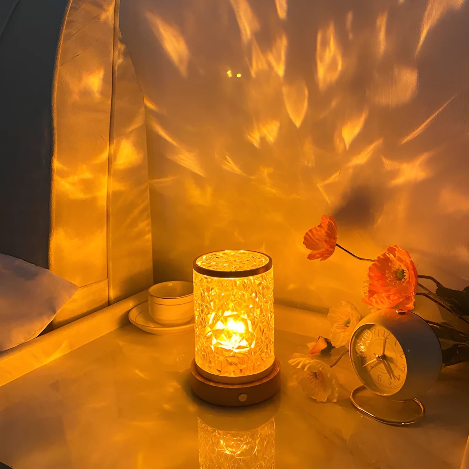 Small rotating water ripple night light with solid wood base and acrylic shell