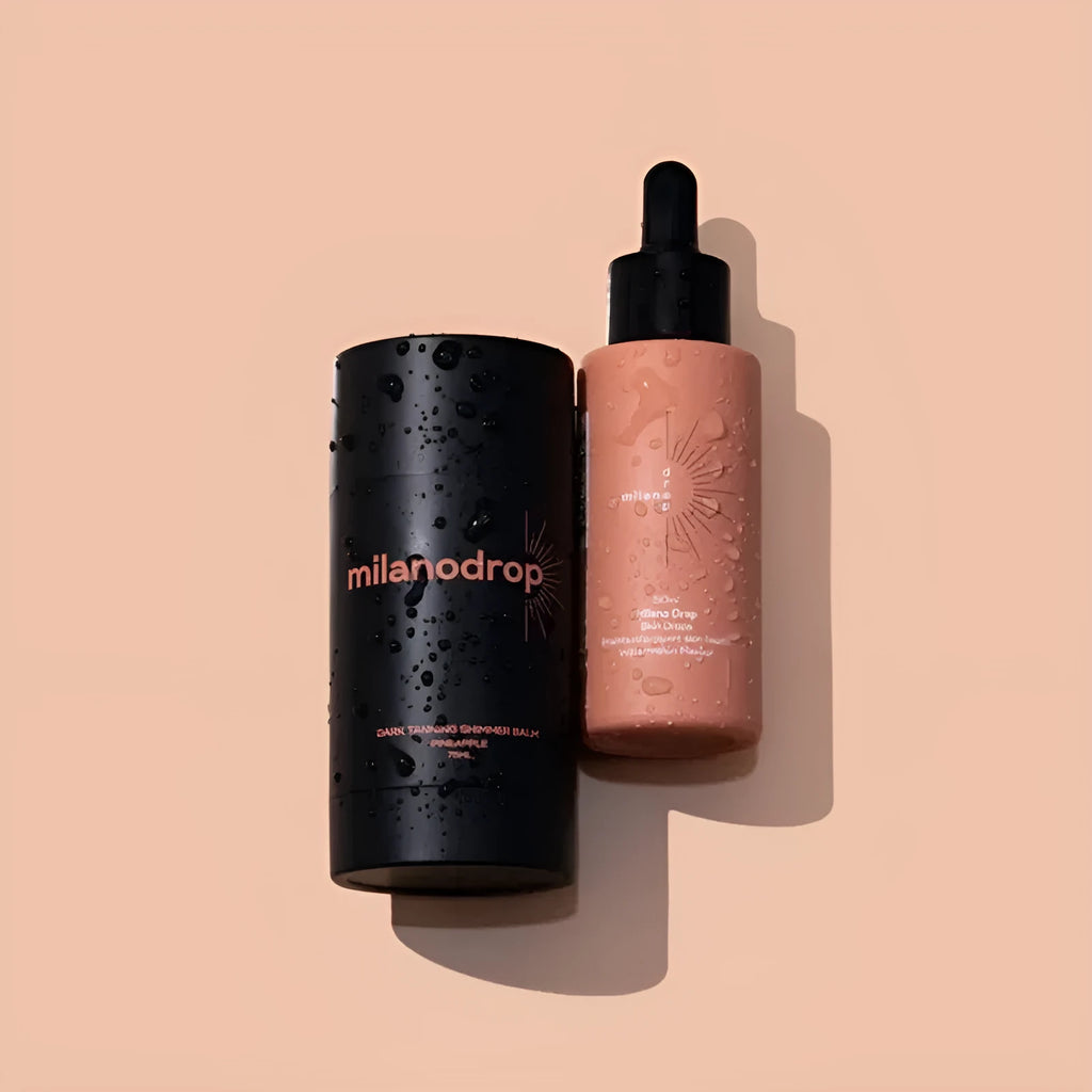 Matte Sun Tanning Black Liquid set showing 50ml tanning drops bottle and 75ml tanning flash cream bottle