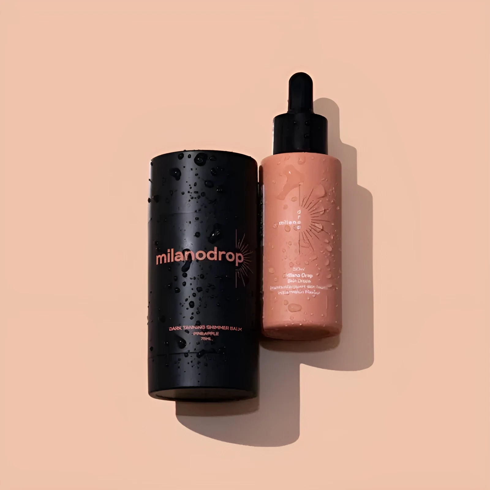 Matte Sun Tanning Black Liquid set showing 50ml tanning drops bottle and 75ml tanning flash cream bottle