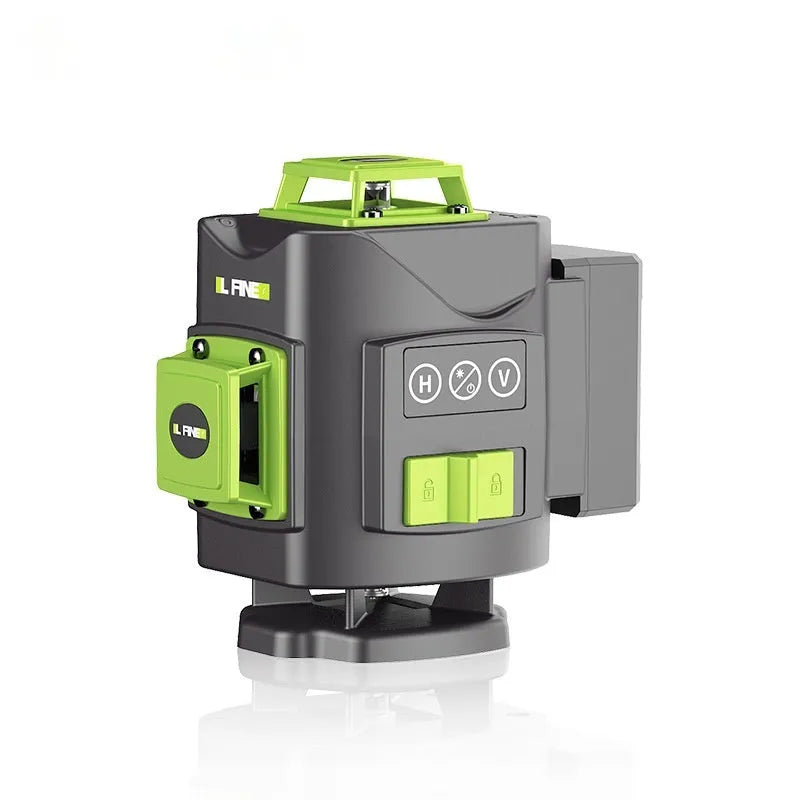 Green 16-line 3D laser level with compact black housing on a work surface.