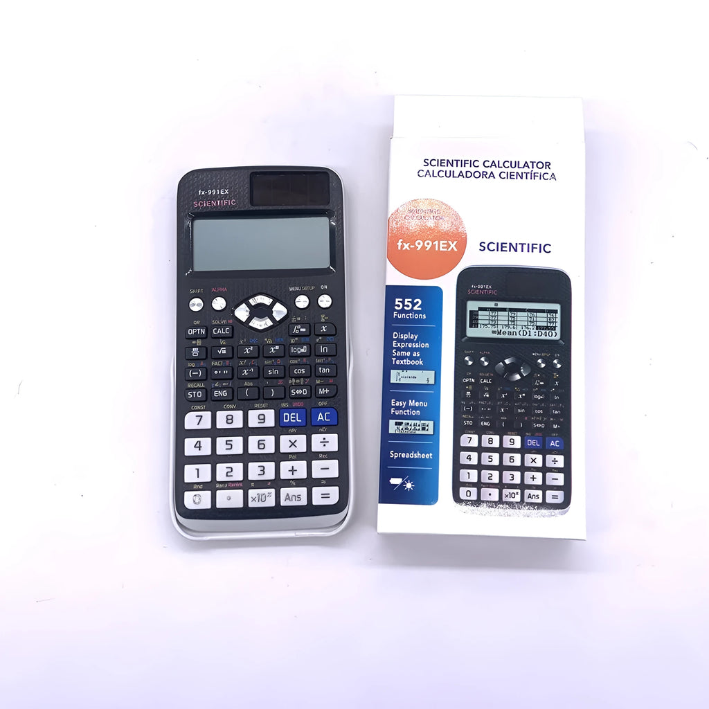 991EX scientific calculator in black, blue, or pink with solar panel and multi-line display.