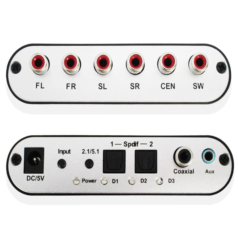Black DTS Dolby Digital audio decoder with optical and coaxial inputs on a compact chassis.