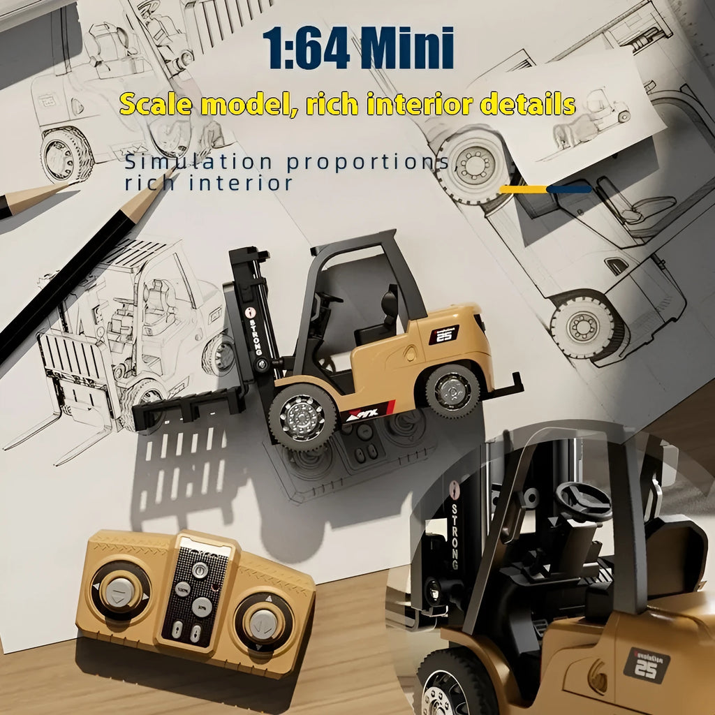 Mini alloy forklift remote control car toy with Bluetooth remote and cargo accessories on pallet