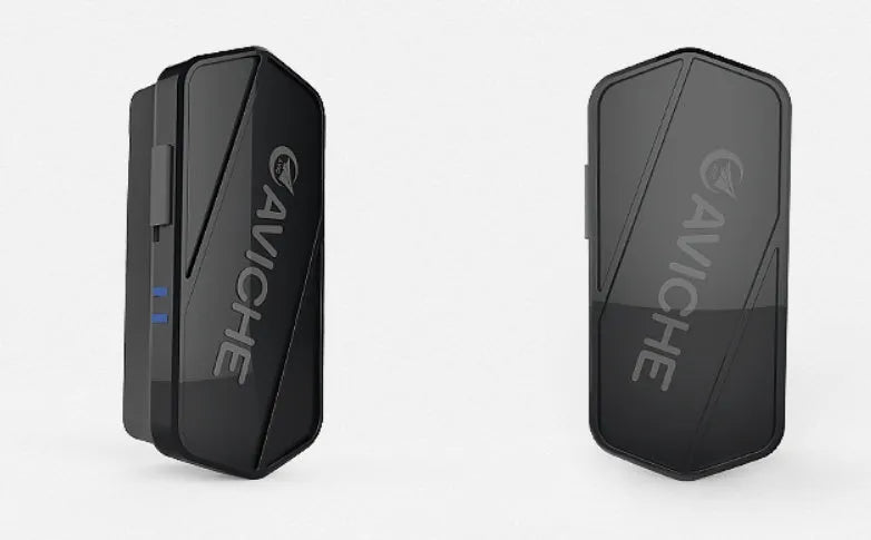 Black personal air purifier necklace worn around neck, showing compact rectangular shape.