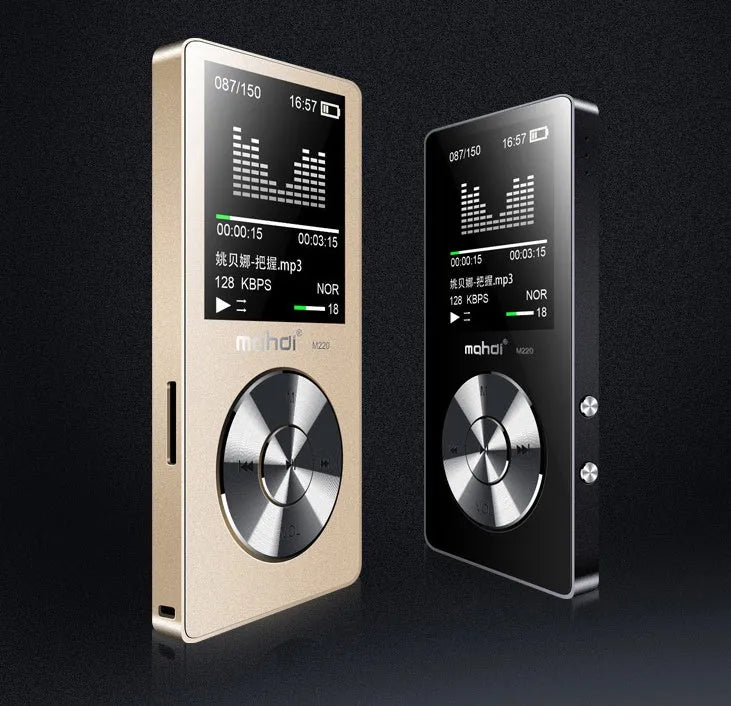Gold-coloured metal MP3 music player with a 1.8-inch screen and physical control buttons.