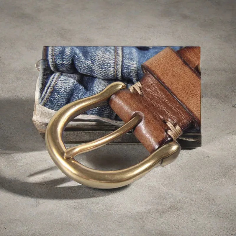 Men's casual leather belt with copper pin buckle in black, brown and khaki colours