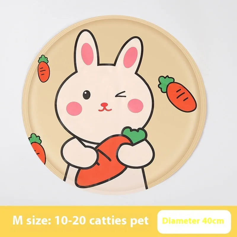Round cartoon dog cooling mat in beige bunny design showing fabric construction and gel filling